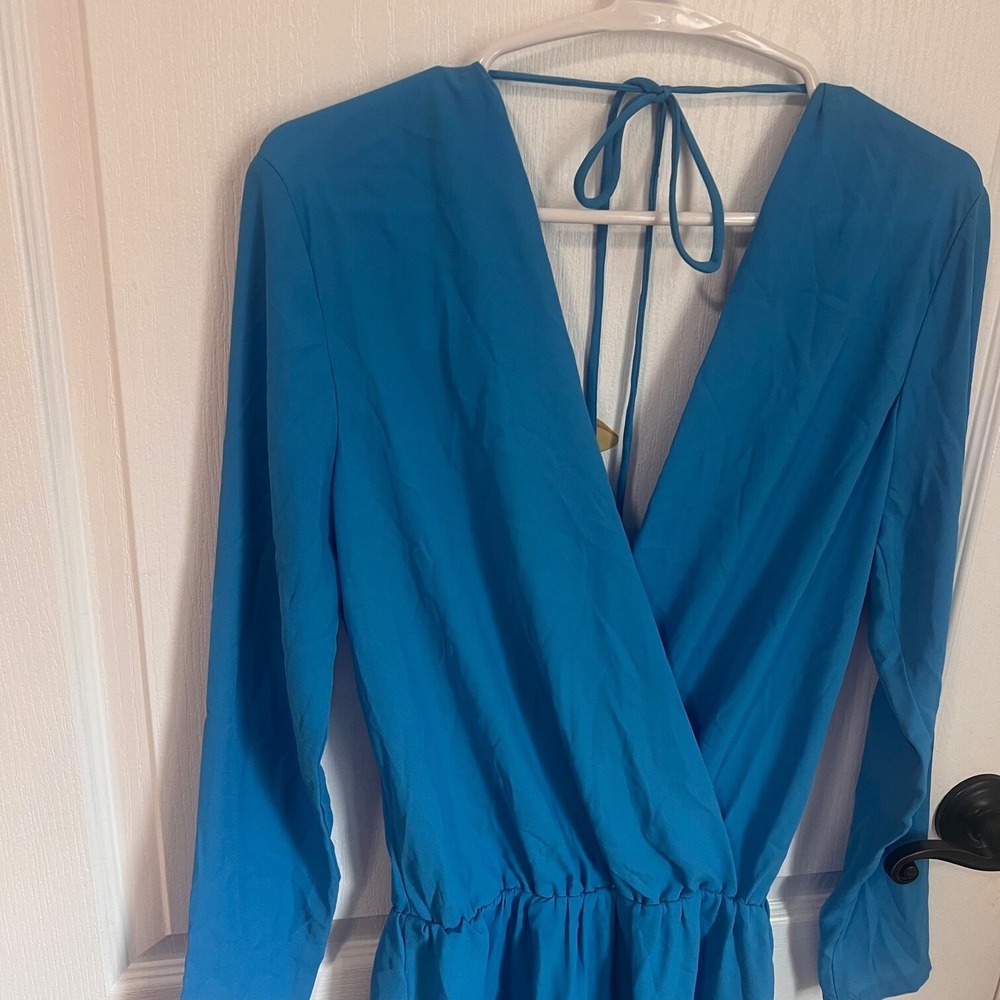 Three Eighty Two Blue Long Sleeve Wrap Romper Ope… - image 4